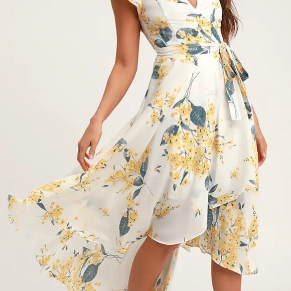 Lulus French Countryside White and Yellow Floral Print High-Low Dress S - Picture 2 of 13